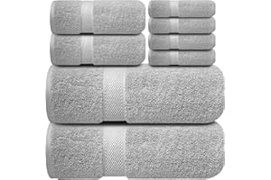 Infinitee Xclusives Premium Bath Towel Set 8-Piece (2 Bath Towels, 2 Hand Towels, 4 Washcloths), Super Absorbent Soft 100% Ring-Spun Cotton for Spa, Gym, Hotel & Bathroom |Charming Grey|