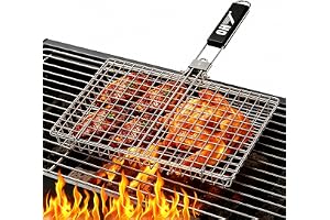 QH7 Robust grillkorg i rostfritt stål för camping och grillning – Vikbar och bärbar grillgaller med avtagbart handtag – Non-stick nät för fisk, grönsaker, räkor