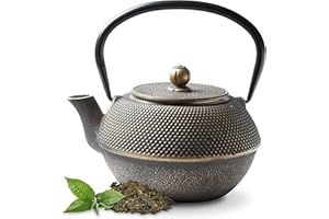 Tealøv Arare THEIERE EN FONTE 1,1 LITRE | Théière Fonte avec Infuseur | Entièrement émaillée de l'intérieur | Prépare Une Tasse de Thé Parfaite | Design Authentique Japonais à Picots | Arare Noir/Or