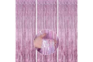 PartyWoo 3 Pièces Rideau Frange Anniversaire Rosa, Rideaux à Franges en Aluminium, Rideau Métallique de Frange Brillant, Tinsel Shimmer Rideaux pour Décoration Fête, Anniversaire, Toile de Fond(1x2m)