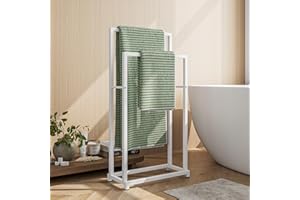 FOUBAM Handtuchhalter, Handtücher Handtuchständer freistehend mit 2 Handtuchstangen, Badezimmer Badetuchhalter Stahl, Bad Handtuchhalter, weiß