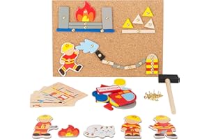 small foot 10581 Jeu de marteau "Pompiers" en bois, tableau de liège avec motifs de pompiers pour marteler, à partir de 6 ans
