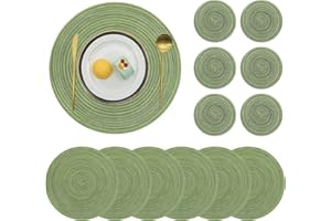 Pauwer Round Placemats and Coasters Set of 6, Green Non Slip Washbale Table Mats and Coasters Sets Heat Resistant Decor Table Place Mats