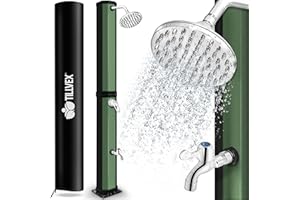 tillvex Ducha Solar con Cubierta Protectora | Ducha Solar de jardín Agua Caliente | Ducha de Piscina sin conexión eléctrica | con Grifo y Cabezal de Ducha de Lluvia (Negro/Verde, 35 litros)