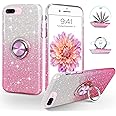 SouliGo iPhone 8 Plus Case iPhone 7 Plus Case Glitter Bling Sparkle Girls Women Cover 360° Ring Holder Kickstand for Magnetic Car Mount ​Shockproof Phone Cases, Gradient Pink