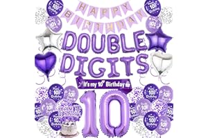 AURMONIGO Purple 10th Birthday Decorations for Girls - 77 Pieces Double Digits Theme Includes Banner, Number 10 Foil Balloons, Hanging Swirls, It’s My Birthday Sash, for 10-Year-Old Birthday Party Supplies