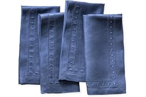 O'LUCIO AUTHENTIQUE HOME Linen Napkins Cloth - Navy Blue 45 x 45 cm, Set of 4 Pure Linen Dinner Napkins with Embroidered Swiss Dot - Cloth Napkins Handcrafted Mitered Corners from French Flax Natural Fabric, Machine Washable