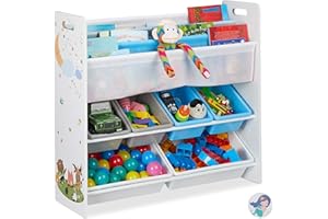 Relaxdays Estantería Infantil, 6 Cajas Plástico, 4 Estantes Tela, Mueble Juguetes Animales, 78x86x26,5 cm, Multicolor