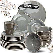 Ensemble Vaisselle en Grès 6 Personnes 24 pièces Service de Table Rustique