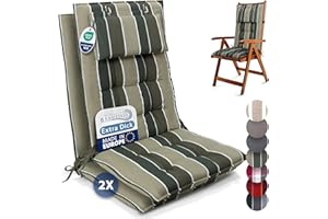 ‎BEAUTISSU Beautissu 2er Set Premium Hochlehner Auflage mit Kopfpolster 120x50cm Sun-HL – 8cm Dick Polster Gartenstuhlauflage rutschfest Befestigungsbänder UV-Lichtechtheit 5 – Robust Stoff Grün Gestreift