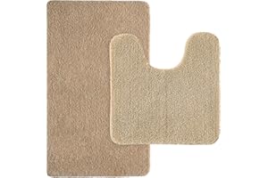 MIULEE 2 Piezas Alfombra de Pelusa Rizada Suave Antipolvo Antideslizante Absorbente Alfombra Lavable para Dormitorio Baño Una Forma de Rectángulo 40 x 60cm y Una Forma de U 45 x 45cm Beige