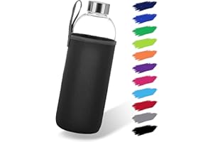 NOMA NOMA NOMA Glasflasche 1 Liter mit Neoprenhülle | Trinkflasche aus Glas in 500ml & 1000ml mit Schutzhülle und Edelstahldeckel | Wasserflasche für Sport, Büro, Schule & Outdoor | Schwarz