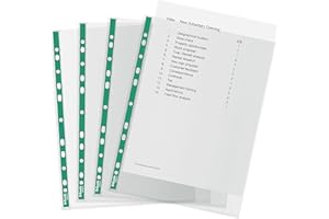 Esselte A4 Pochettes Perforées, 100 x Pochettes en Polyéthylène, 34 Microns D'épaisseur, format A4 grainées, Avec bande Verte Renforcée, Idéales Pour les Classeurs à Levier, 628531