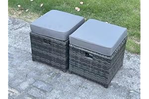 FMSGarden 2 Pcs Rattan Small Footstool Patio Wicker Seat Outdoor Footrest Garden Furniture Dark Grey