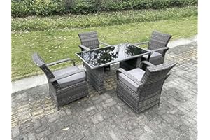 GENERIC FMSGarden 4 Seat Rattan Garden Furniture Dining Set Table And Chair Sets PE Wicker Patio Outdoor 4 Chairs Black Tempered Glass Table