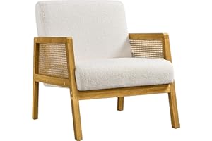 Yaheetech Boucle Fabric Accent Chair, Modern Armchair with Rattan Sides, Vintage Vanity Chair for Living Rooms, Bedrooms, Ivory