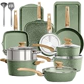 Kitchen Academy Nonstick Frying Pans and Pots Set 17 Pieces Green | Aluminium Granite Coating Pots and Pans Set with Lids for