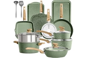 Kitchen Academy 17 Pièces Poêles et Casseroles à Induction Revêtement en Granit Antiadhésive Batterie de Cuisine à Induction, Cuisinières non Toxique avec Couvercles En Verre (Vert, 17 Pièces)