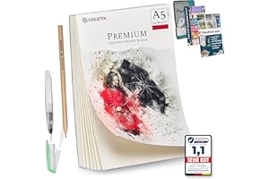 CreaTek Aquarellpapier A5 300g mit 40 Blatt [ Premium Qualität für brillante Aquarelle ] Naturweiß & Kaltgepresst Aquarellblock A5 inkl. Gratis Zubehör & Videokurs - Aquarelle Papier A5