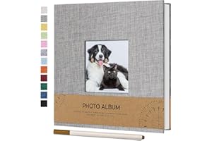 Vienrose Álbum de Fotos Autoadhesivo con Ventana para Fotos de 10x15, Pequeño Álbum de Recortes de Lino 40 Páginas Blancas DIY Libro de Recortes con Bolígrafo de Metal, 17x18 CM Gris