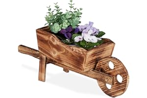 ‎RELAXDAYS Relaxdays Taczka na rośliny, drewno palone, dekoracja ogrodowa, styl vintage, do sadzenia, wys. x szer. x gł.: 19 x 47 x 15 cm, kolor naturalny