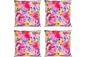 Bean Bag Bazaar Outdoor Cushions Filled, Floral Collection, Floral Pink, Set of 4, 43cm x 43cm, Water Resistant, Pink Outdoor Cushions for Garden Furniture, Garden, Patio
