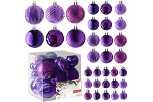 Prextex Fioletowe 36-częściowe nietłukące się bombki bożonarodzeniowe, idealne brokatowe kulki, bombki choinkowe, dekoracje świąteczne, wykwintne połączenie 36 bombek bożonarodzeniowych i stylów