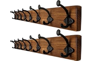 WEBI Percheros Pared Madera,8 Ganchos de Hierro Fundido,Colgador Pared,Percha Pared,Colgadores Pared,5 Ganchos Para Abrigos,Chaqueta,Marrón,Paquete de 2