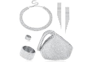 Kakonia Lot de 6 bijoux en cristal pour femme avec strass Collier ras du cou extensible Bracelet extensible Bague en cristal Boucles d'oreilles à franges et triangle Bling Strass Pochette pour mariage
