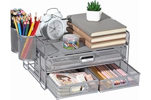 VIKMYER 3-Trays Desktop Organizer with Drawer, Mesh Office Desk Supplies Organizer Document Letter Tray Holder for Office Home(2 Pen Holder)