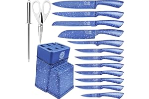 XYJ - Set di coltelli da cucina con portacoltelli, in acciaio inox professionale, giapponese, set di coltelli da chef, per affettare pane e tagliare bistecche, per intaglio, colore blu
