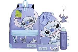 Disney Stitch Mochila Escolar Niños Conjunto 5 Piezas Mochila con Estuche Bolsa Cuerdas Botella Agua y Llavero Kawaii Regalos Niños