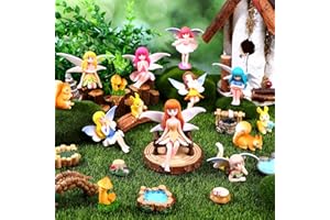 SEVENMYE 23Pcs Fairy Garden Accessories Miniature Fairies Figures Garden Table and Chairs Set Resin Mini Mushroom Rabbit Squirrel Animals Lights Bridge for Micro Landscape Plant Pots Dollhouse Cake Decor