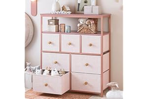EnHomee Chest of Drawers, Pink Dresser with 7 Fabric Drawers for Girls, Tall Chest of Drawers Bedroom with Sturdy Steel Frame and 2 Layer Wooden Top for Wardrobe, Living Room, Closet, Pink