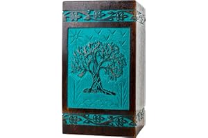 INTAJ Tree of life Engraved Rosewood Cremation Urn for Human Ashes, Adult Large Wooden Keepsake Urn for Ashes, Handmade Funeral Urn, Wood Urn Box (Medium - 180 lbs, Teal Green)