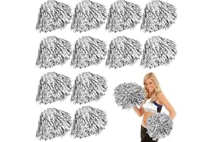 CRESBEL 12 pompon da cheerleader: pom poms cheerleading con manici, bellissimi pompon da cheerleader, a mano, con pompon metallici, da cheerleading, per la competizione sportiva, per adulti e bambini