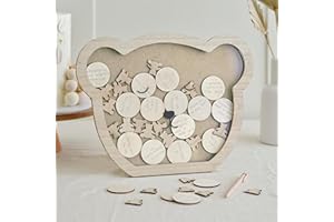 Ginger Ray Teddy Bear Shaped Baby Shower Drop Top Frame Alternative Guest Book with 32 Wooden Tokens