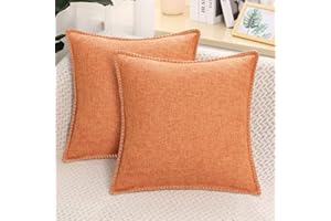 decorUhome Set of 2 Linen Cushion Covers 45X45cm,Decorative Outdoor Plain Vintage Cushion Covers with Stitched Edges, Square Farmhouse Neutral Pillow case 18x18 Inch for Sofa, Orange