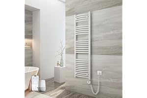 EMKE Handtuchheizkörper Elektrisch mit Thermostat 1400 x 400 mm, WiFi Intelligenter Gebogen Badheizkörper Elektrischer Handtuchwärmer Handtuchhalter mit Heizstab Weiß 500 Watt