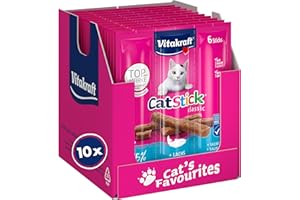 Vitakraft Cat Stick Classic, golosinas para gatos, stick de carne, con salmón, tamaño tienda, sin azúcar añadido (10x 36g)