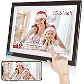 BYYBUO 15.6 Inch WiFi Digital Photo Frame, 1366 x 768 IPS Touchscreen Picture Frame, 32G Walnut brown, Motion Sensor Auto-Rot