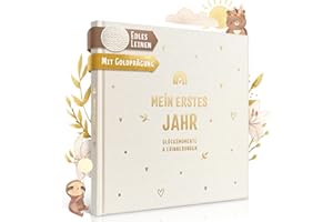 EULENTALER L'album per bambini il mio primo anno "BOHO" I progettato da educatori, con graziose illustrazioni dipinte a mano, vera copertina in lino + goffratura dorata, diario per bambini e ragazze