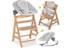 Hauck Seggiolone Alpha Plus Set Premium - Seggiolone Legno Evolutivo da 0 Mesi Sedia Bambini con Sdraietta Dondolo Neonati Reclinabile e Cuscino - Legno Naturale, Grigio