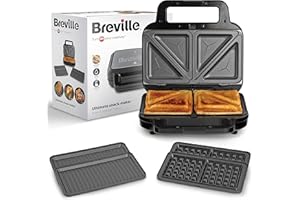 Sandwichera Breville 3-in-1 Ultimate | Sandwichera para preparar sándwiches rellenos, gofres y paninis | Placas antiadherentes extraíbles | Acero inoxidable negro [VST098X] | Enchufe UE