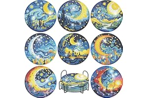 MRNSIET 8 Pcs Moon Diamond Art Coasters Kits for Adults Beginners,Starry Sky Diamond Painting Coasters with Holder,DIY Drink Coaster Art Crafts Supplies Gifts (Moon).