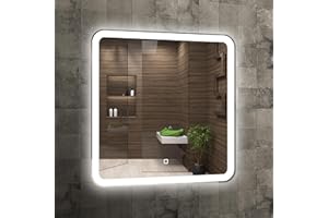 Home Glow Venti 60 cm Kwadratowe Lustro Łazienkowe z Oświetleniem LED Podświetlone Lustro z Włącznikiem Zaokrąglone Kwadratowe Lustro Łazienkowe z Naturalnym Białym Światłem Podświetlane z Przodu