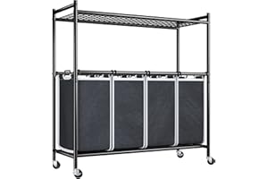 REIBII Laundry Sorter 4 Section Rolling Laundry Basket Hamper with Storage Shelf 180L Large 4 Compartments Washing Baskets with Wheel and Laundry Bags for Laundry Room, Bedroom, Bathroom