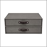 Bigso Box of SwedenDrawer Storage Box for Documents and Office Supplies - 2-Drawer Desk Organiser - Fibreboard and Paper Filing System with Elegant Leather Handle - Grey