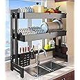 Toshionics Adjustable Length Double Layer Tier Over The Sink Dish Drying Stand Drainer Organizer Storage Rack Kitchen Countertop Cutlery Organizer Utensil Drain Bracket Shelf Retractable
