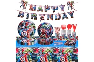 Wirhaut 92 Stück Partygeschirr Geburtstagsdeko Set mit Avengers, Deko Geburtstag Kinder, Party Dekoration Supplies Geschirr Teller Becher Tasse Tischdecke Servietten Pull Flag(10 Gäste)